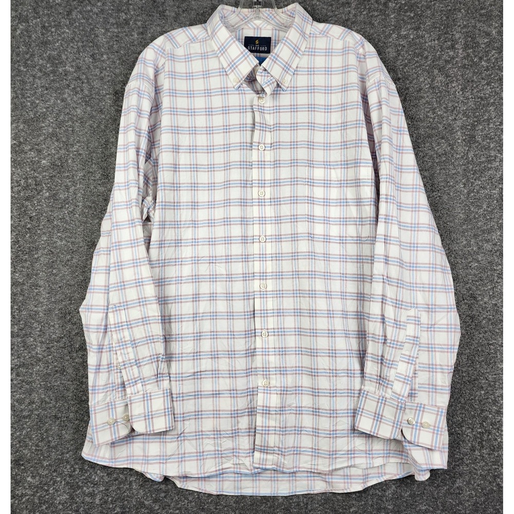 Stafford Button Down Shirt Mens XXL White Blue Burgundy Plaid Coolmax Regular - Picture 1 of 9